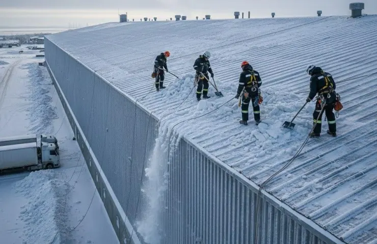 Industrial mountaineering in winter operation: technologies for removing snow and ice from the roofs of commercial and industrial buildings